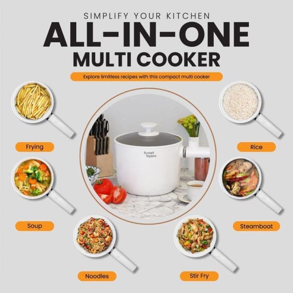 Russell Taylors 1.5L white multi cooker with glass lid surrounded by six cooking method examples: frying, rice, soup, steamboat, noodles, and stir fry dishes.
