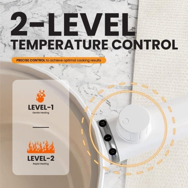 Russell Taylors MC15 Multi Cooker with 2-level temperature control featuring Level-1 gentle heating and Level-2 rapid heating, 1.5L non-stick electric cooker on marble surface.