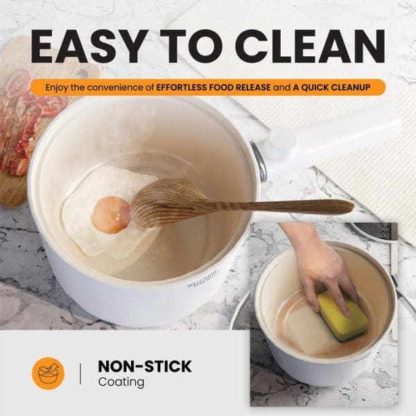 Russell Taylors MC15 1.5L electric multi cooker with non-stick coating, showing easy cleaning with wooden spoon and sponge on marble countertop.