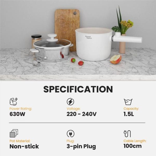 Russell Taylors MC15 1.5L Multi Cooker with non-stick surface, 630W power, 220-240V voltage, 3-pin plug, 100cm cable length specification display on marble countertop.