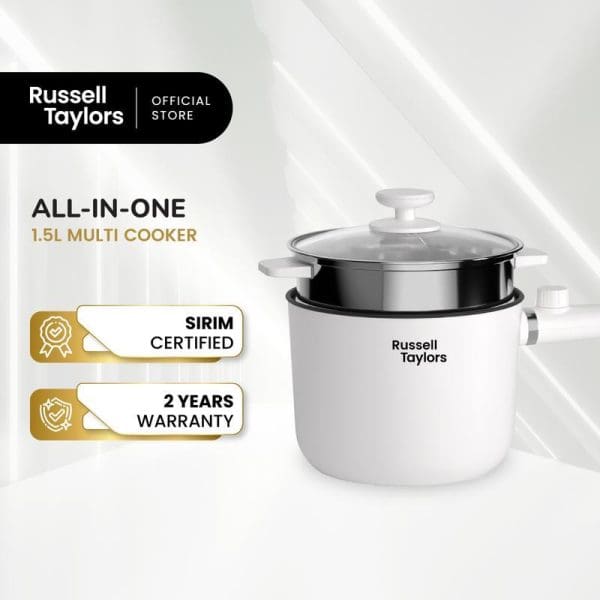 Russell Taylors 1.5L All-in-One Multi Cooker with glass lid, white body, black inner pot, SIRIM certified, 2 years warranty, official store product.