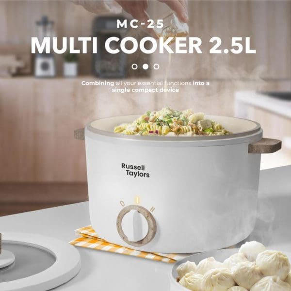 Russell Taylors MC-25 Multi Cooker 2.5L white electric cooker with pasta dish, kitchen background, compact design for essential cooking functions