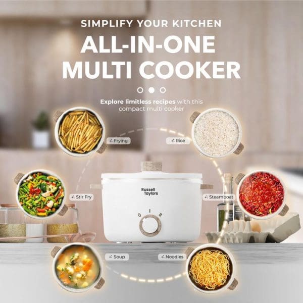 Russell Taylors 2.5L white multi cooker with control dial, surrounded by circular images showing various cooking functions: frying, rice, stir fry, steamboat, soup, and noodles.