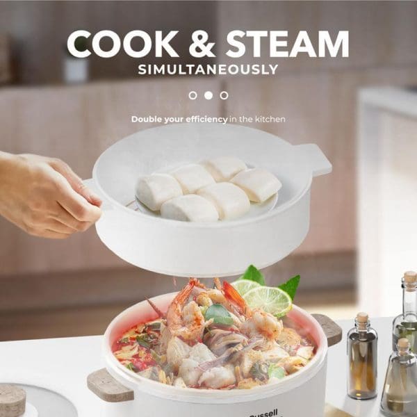 Russell Taylors MC25 2.5L Multi Cooker with steaming function, showing white electric cooker with steamer insert cooking dumplings above seafood dish simultaneously.