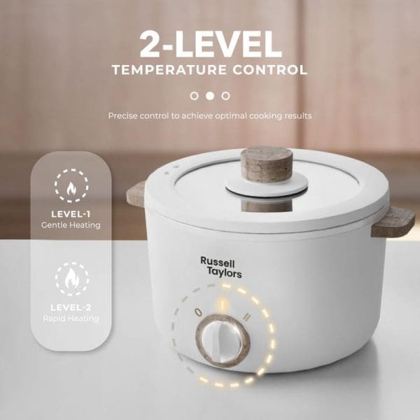 Russell Taylors MC25 2.5L white electric multi cooker with wooden handles, featuring 2-level temperature control with gentle and rapid heating settings.
