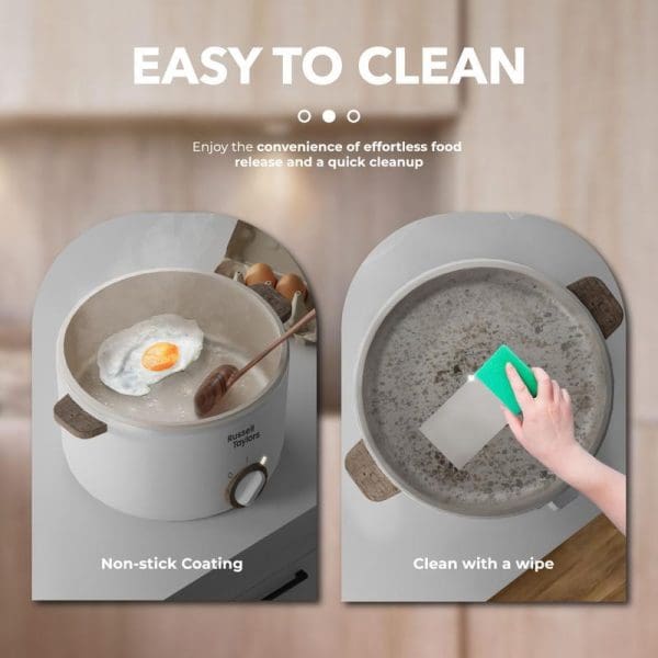Russell Taylors MC25 2.5L electric multi cooker with non-stick coating showing easy food release and simple wipe-clean maintenance in modern kitchen setting.