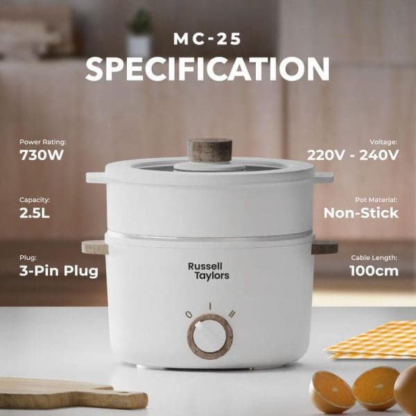 Russell Taylors MC-25 Multi Cooker 2.5L electric cooker with non-stick pot, 730W power, 220V-240V voltage, featuring specification details overlay on kitchen counter.