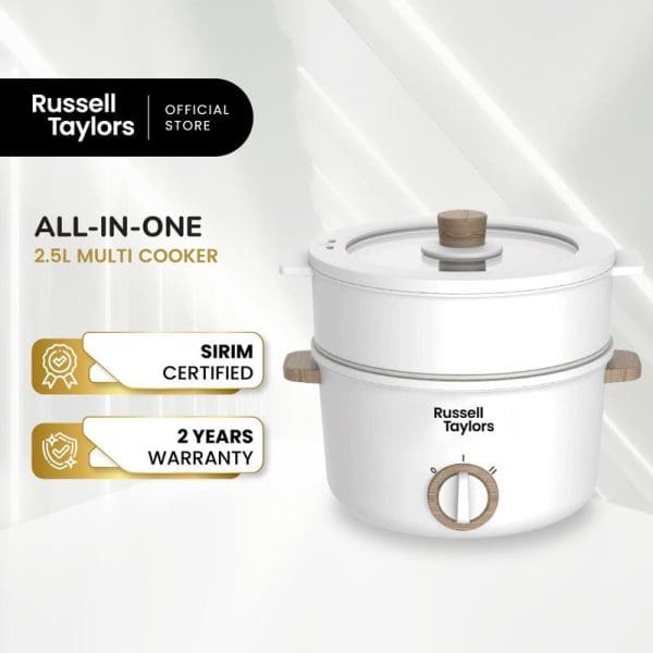 Russell Taylors 2.5L All-in-One Multi Cooker in white with wooden accents, featuring SIRIM certification and 2-year warranty badges on promotional background.