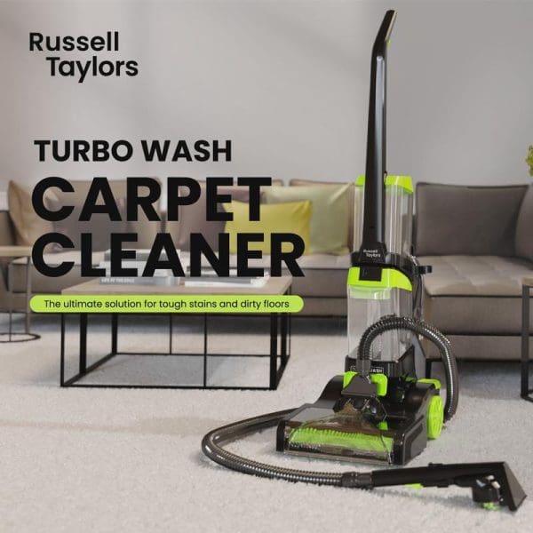 Russell Taylors Turbo Wash Carpet Cleaner CW-800 with green accents positioned on carpet in modern living room, featuring upright design with hose attachment.