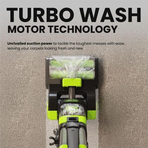 Russell Taylors CW-800 Multi-Function Vacuum Cleaner Carpet Washer with Turbo Wash Motor Technology, featuring green and black design, demonstrating powerful suction for deep carpet cleaning.