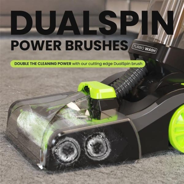 Russell Taylors CW-800 Multi-Function Vacuum Cleaner with DualSpin Power Brushes cleaning carpet, featuring turbo wash technology and green accents on cleaning head.