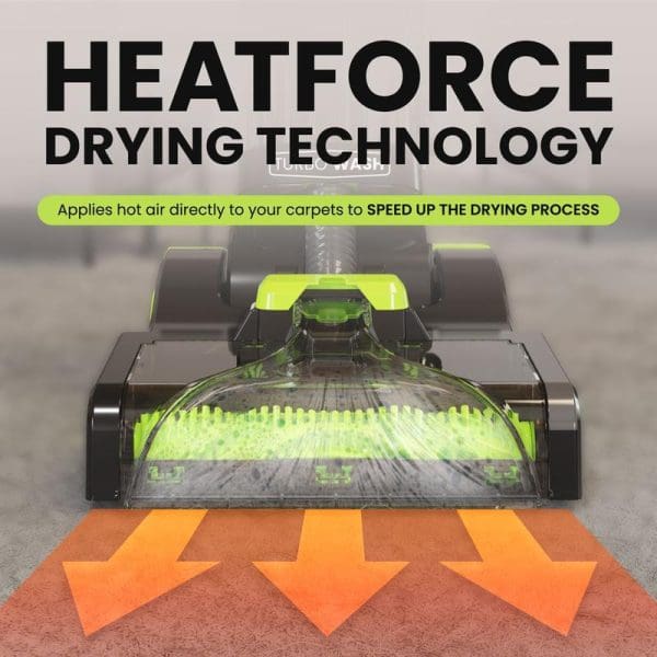 Russell Taylors CW-800 Multi-Function Vacuum Cleaner with HeatForce drying technology, showing green airflow pattern and orange arrows indicating hot air circulation for carpet cleaning.