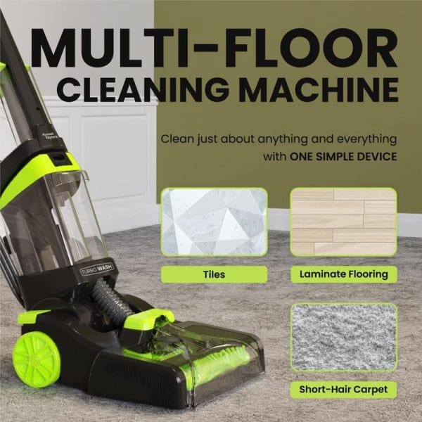 Russell Taylors CW-800 Multi-Floor Cleaning Machine with green accents, showing compatibility with tiles, laminate flooring, and short-hair carpet for versatile home cleaning.