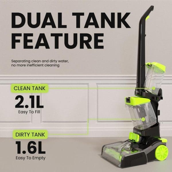 Russell Taylors CW-800 carpet washer with dual tank feature showing 2.1L clean water tank and 1.6L dirty water tank specifications.