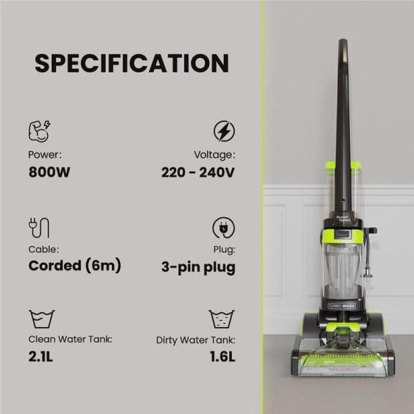 Russell Taylors CW-800 Multi-Function Vacuum Cleaner Carpet Washer with specifications: 800W power, 220-240V voltage, 6m cord, 3-pin plug, 2.1L clean tank, 1.6L dirty tank.