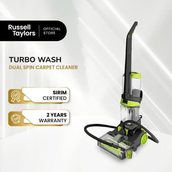 Russell Taylors Turbo Wash dual spin carpet cleaner in black and green with SIRIM certification and 2-year warranty, featuring transparent water tanks and cleaning attachments.