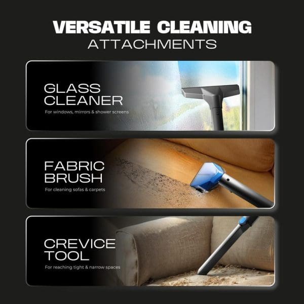 Russell Taylors SC20 Multi-Surface Spot Cleaner showing three versatile cleaning attachments: glass cleaner for windows, fabric brush for sofas/carpets, and crevice tool for tight spaces.
