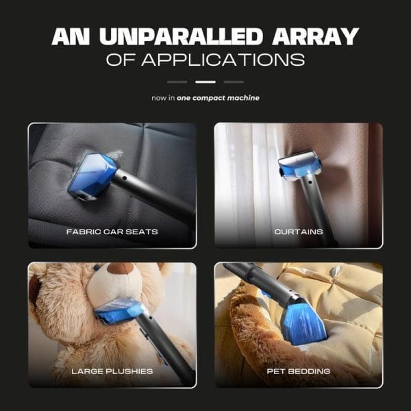 Russell Taylors Multi-Surface Spot Cleaner SC20 shown cleaning fabric car seats, curtains, large plushies, and pet bedding with blue handheld device and attachments.