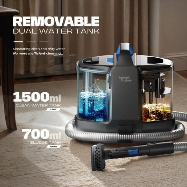 Russell Taylors SC20 Multi-Surface Spot Cleaner with removable dual water tank system featuring 1500ml clean water tank and 700ml sludge tank for carpet cleaning.
