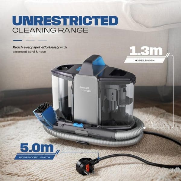 Russell Taylors SC20 Multi-Surface Spot Cleaner with 5.0m power cord and 1.3m hose for cleaning sofas, carpets, and windows with unrestricted range.