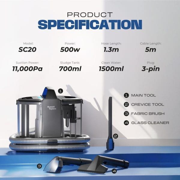 Russell Taylors SC20 Multi-Surface Spot Cleaner product specification showing 500W power, 11,000Pa suction, included tools for sofa, carpet and window cleaning.