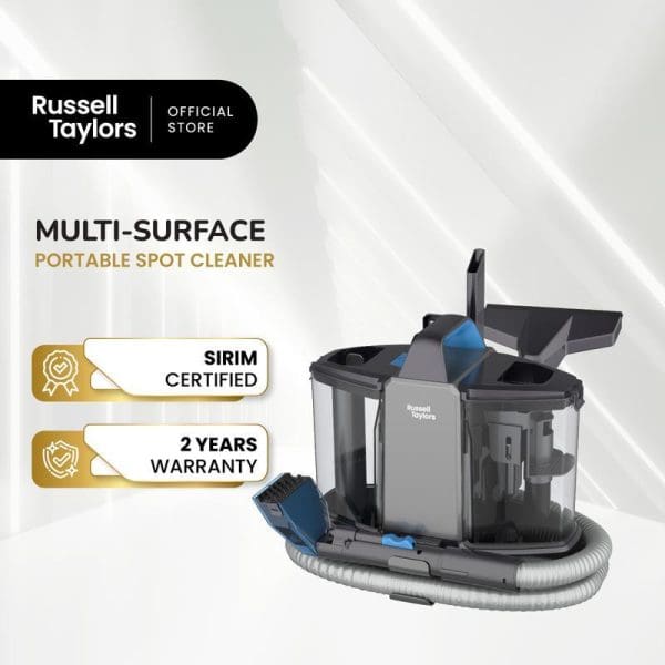 Russell Taylors Multi-Surface Portable Spot Cleaner SC20 with gray and blue design, featuring SIRIM certification and 2-year warranty for sofa, carpet cleaning.
