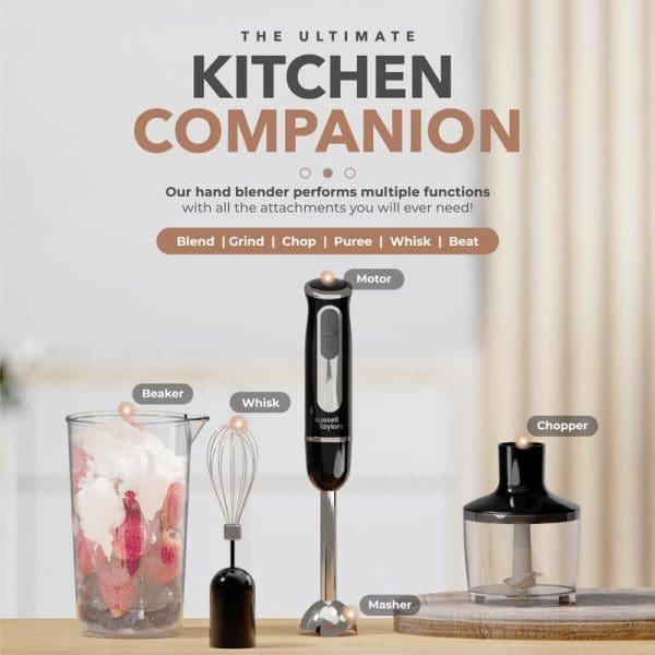 Russell Taylors 600W multifunctional hand blender with stainless steel blade, including beaker, whisk, masher, and chopper attachments for blending, grinding, chopping, pureeing, whisking, and beating.