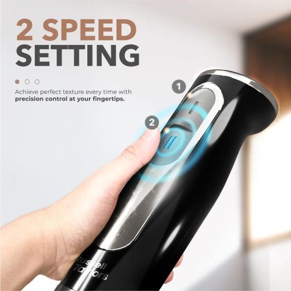 Russell Taylors 600W hand blender showing 2-speed settings with finger control buttons, stainless steel design, demonstrating precision control for perfect food texture.