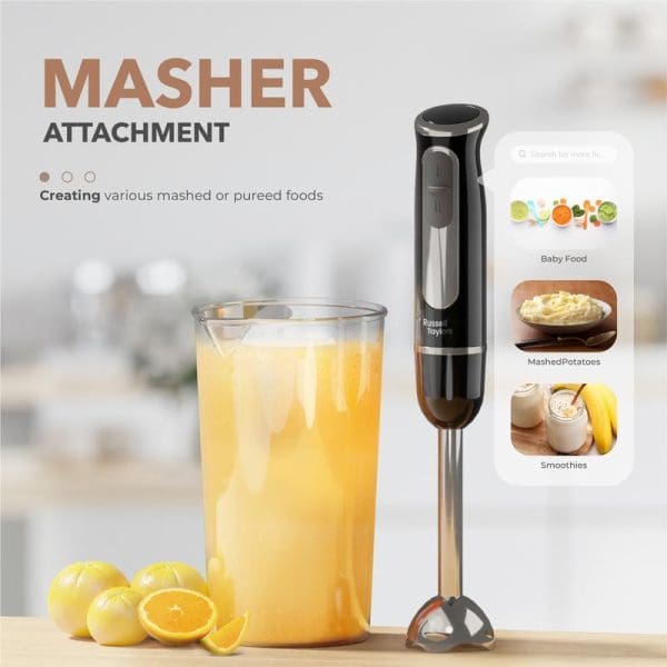Russell Taylors 600W Hand Blender with masher attachment creating orange juice in glass pitcher, featuring stainless steel blade and recipe display for baby food and smoothies.