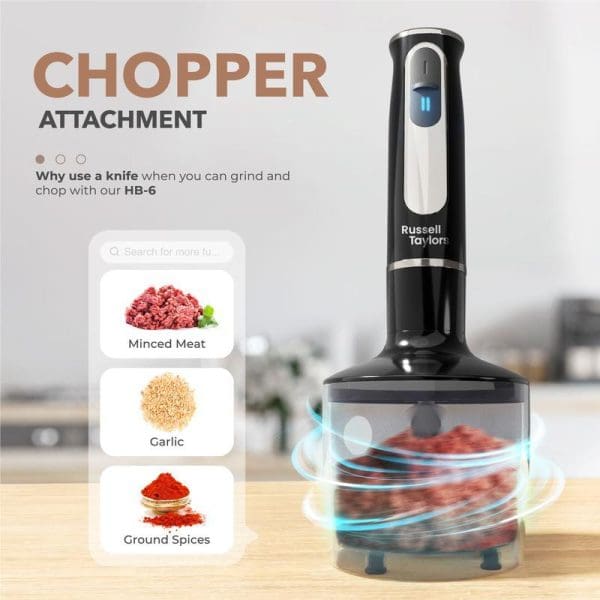 Russell Taylors HB-6 600W hand blender with chopper attachment shown processing minced meat, demonstrating versatility for grinding garlic and spices in modern kitchen setting.