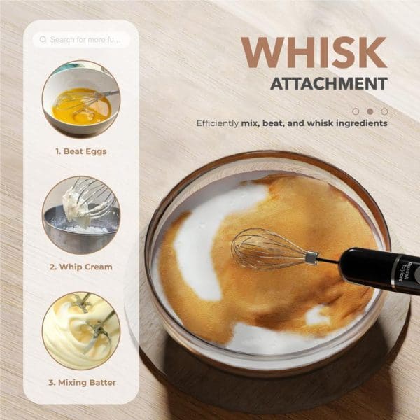 Russell Taylors 600W Hand Blender with whisk attachment demonstration showing three uses: beating eggs, whipping cream, and mixing batter in glass bowl.
