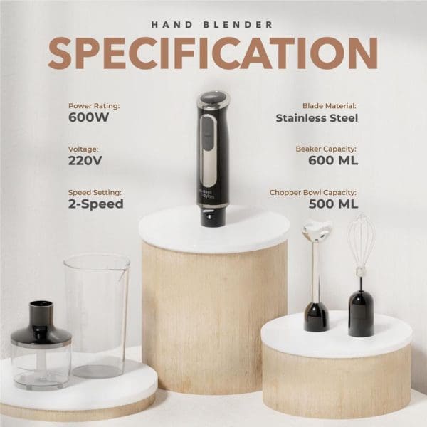 Russell Taylors HB-6 600W Hand Blender with stainless steel blades, 600ML beaker, 500ML chopper bowl, and whisk attachments displayed with specifications.