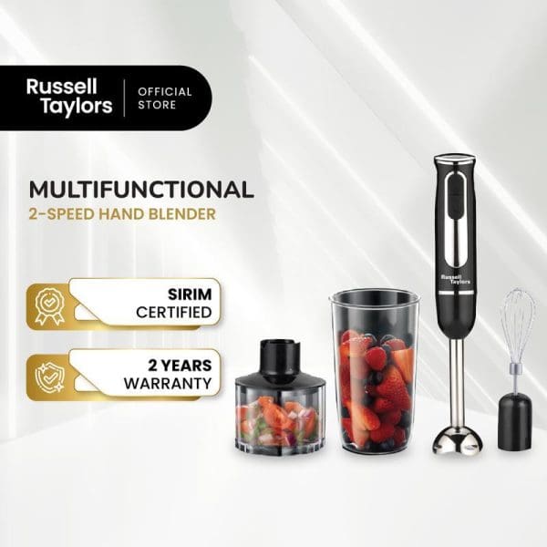 Russell Taylors Multifunctional 2-Speed Hand Blender 600W with food processor attachments, stainless steel blade, SIRIM certified, 2 years warranty, model HB-6.