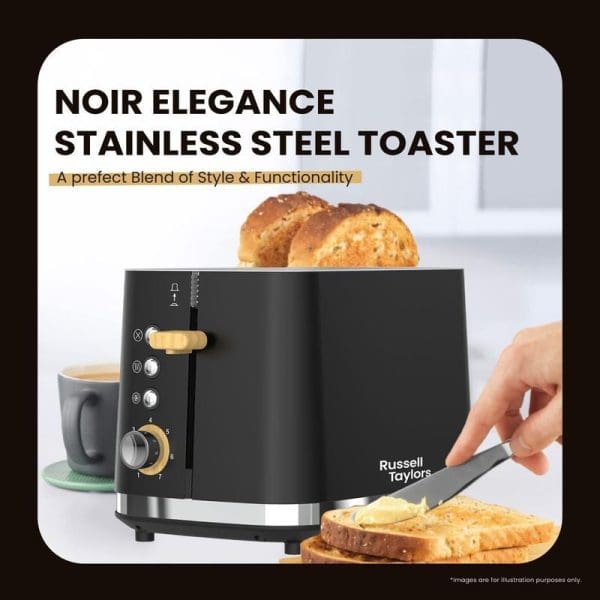 Russell Taylors Noir black stainless steel toaster with golden accents, featuring 7 browning shades, toasting bread slices with butter being spread on toast.