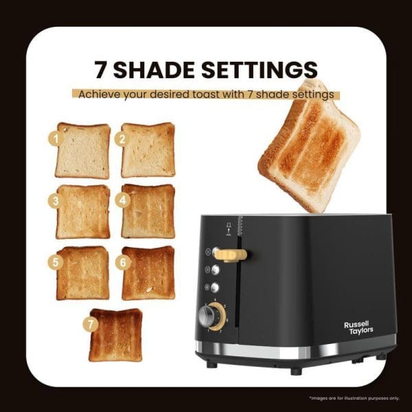 Russell Taylors black stainless steel toaster with 7 shade settings display showing toast progression from light to dark, demonstrating toasting capabilities and control options.