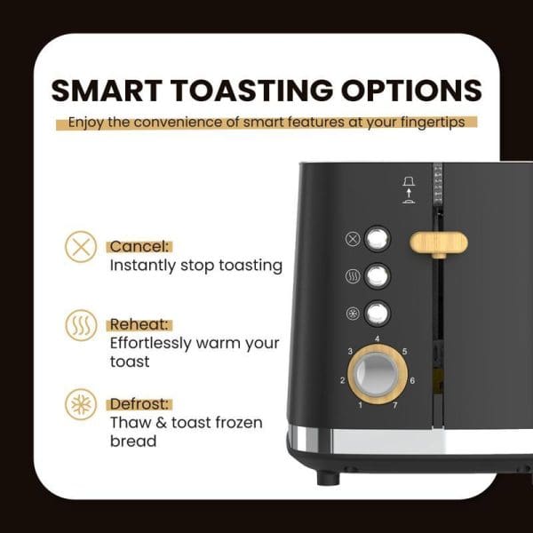 Russell Taylors Noir RT30 stainless steel toaster with smart toasting options including cancel, reheat, and defrost functions, featuring 7-shade dial and control panel.