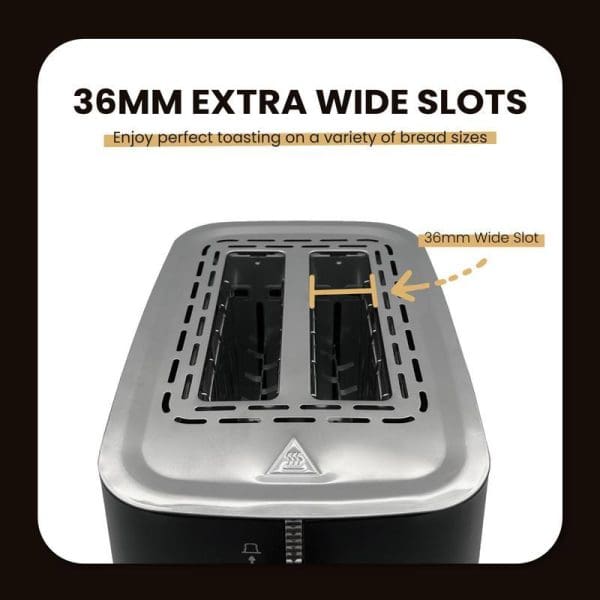 Russell Taylors Noir RT30 stainless steel toaster featuring 36mm extra wide slots for accommodating various bread sizes with perfect toasting capability.