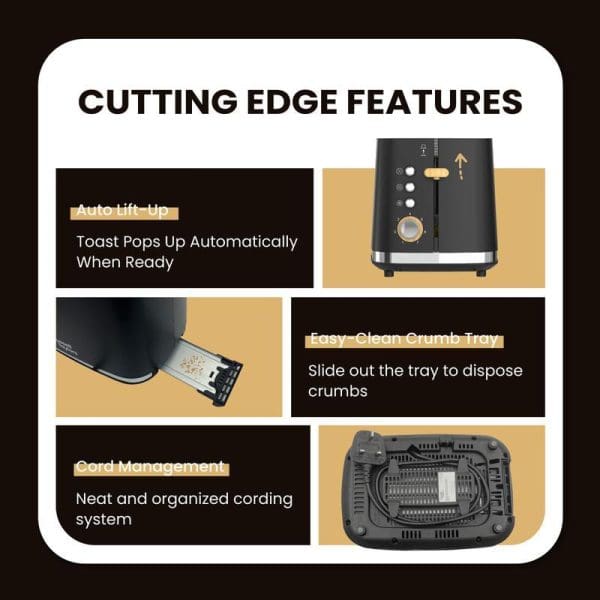 Russell Taylors Noir RT30 toaster cutting edge features infographic showing auto lift-up mechanism, easy-clean crumb tray, and cord management system with product images.