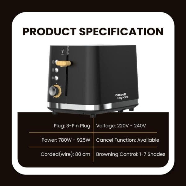 Russell Taylors Noir RT30 black stainless steel toaster product specification showing 3-pin plug, 220-240V voltage, 780-925W power, 80cm cord, cancel function, and 7 browning shades.