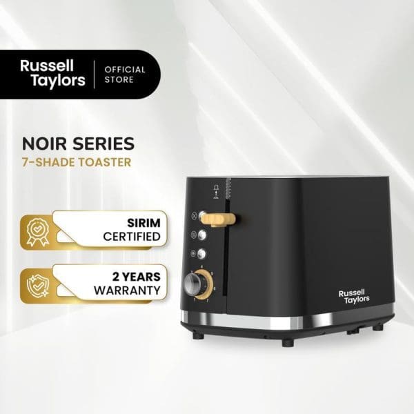 Russell Taylors Noir Series 7-Shade black toaster with stainless steel base, wooden accents, SIRIM certified, 2-year warranty, official store branding on white background.