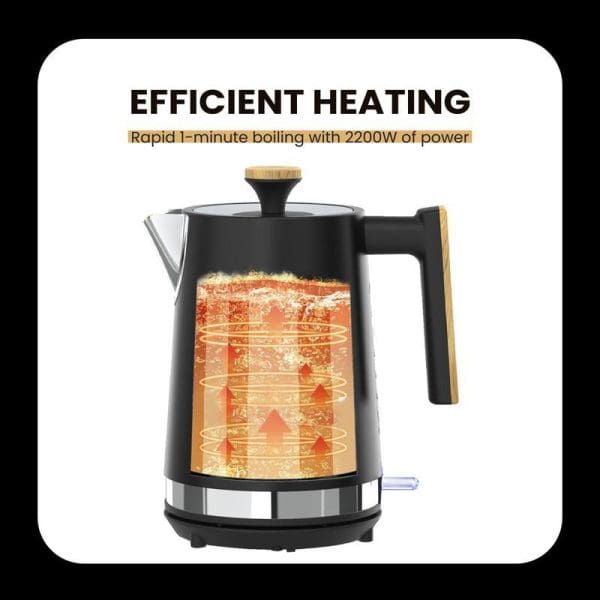 Russell Taylors Noir 1.7L stainless steel electric kettle with efficient 2200W heating, rapid 1-minute boiling, black design with glass body and wooden accents.