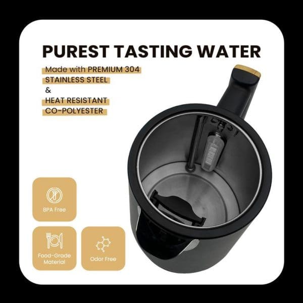 Russell Taylors Noir 1.7L electric kettle with premium 304 stainless steel interior, heat resistant co-polyester exterior, BPA free, food-grade, odor-free materials.