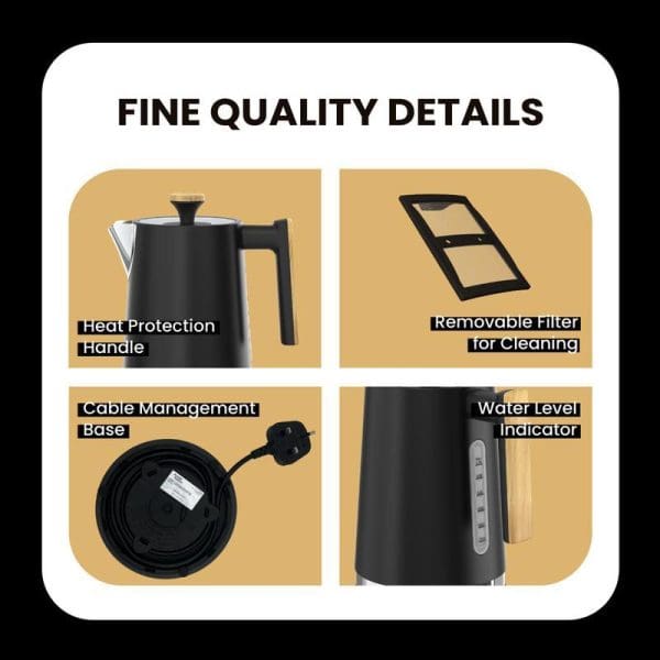 Russell Taylors Noir Electric Kettle features: heat protection handle, removable filter, cable management base, and water level indicator - fine quality details showcase.