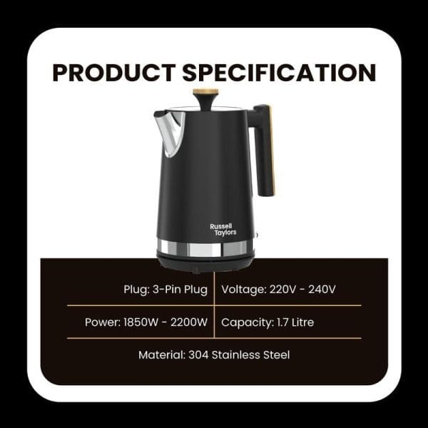 Product specification image of Russell Taylors Noir black stainless steel electric kettle showing 1.7L capacity, 1850W-2200W power, 220V-240V voltage, 3-pin plug details.