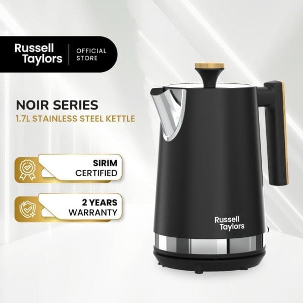 Russell Taylors Noir Series 1.7L black stainless steel electric kettle with wooden accents, SIRIM certified, 2-year warranty, official store product image.
