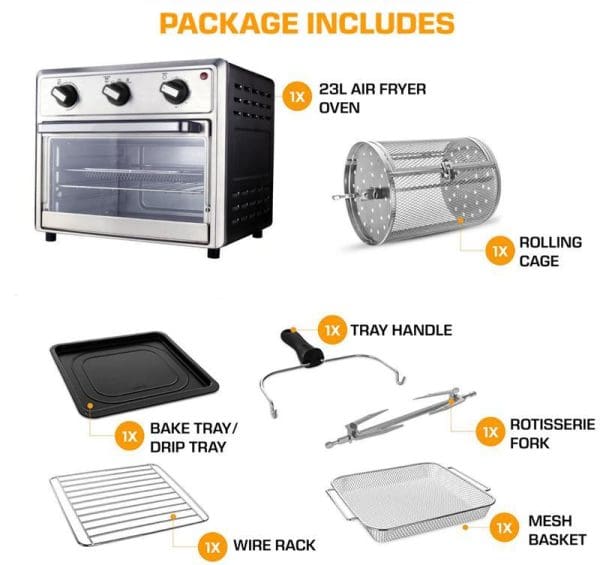 Russell Taylors AF-60 23L Air Fryer Oven package contents showing main unit, rolling cage, bake tray, tray handle, rotisserie fork, wire rack, and mesh basket accessories.