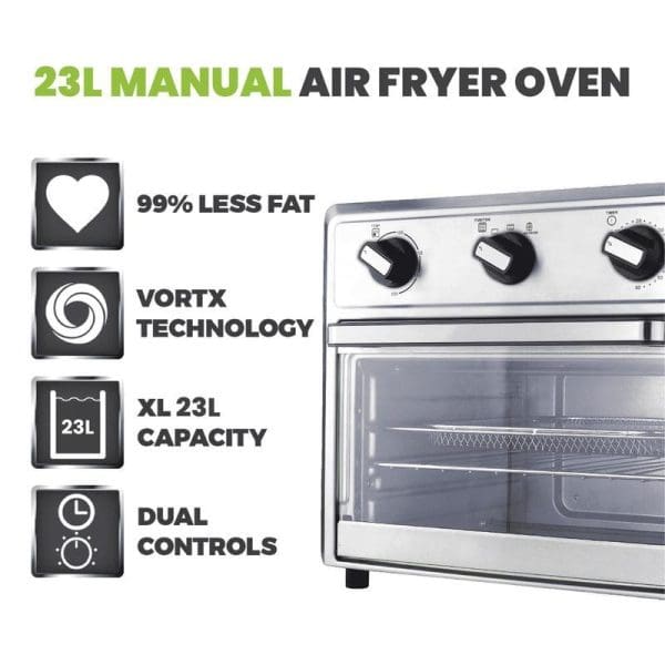 Russell Taylors 23L Manual Air Fryer Oven with 99% less fat, Vortex technology, XL 23L capacity, and dual controls displayed with feature icons.