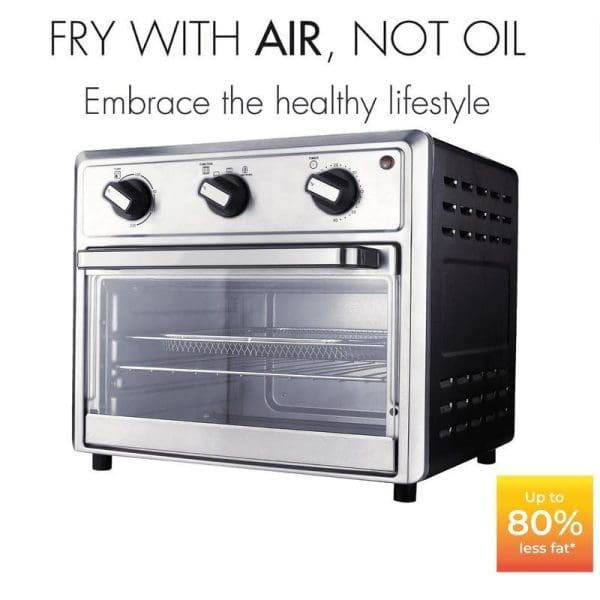 Russell Taylors 23L 1800W Air Fryer Oven AF-60 with stainless steel design, glass door, three control knobs, and "Fry with Air, Not Oil" healthy cooking message.