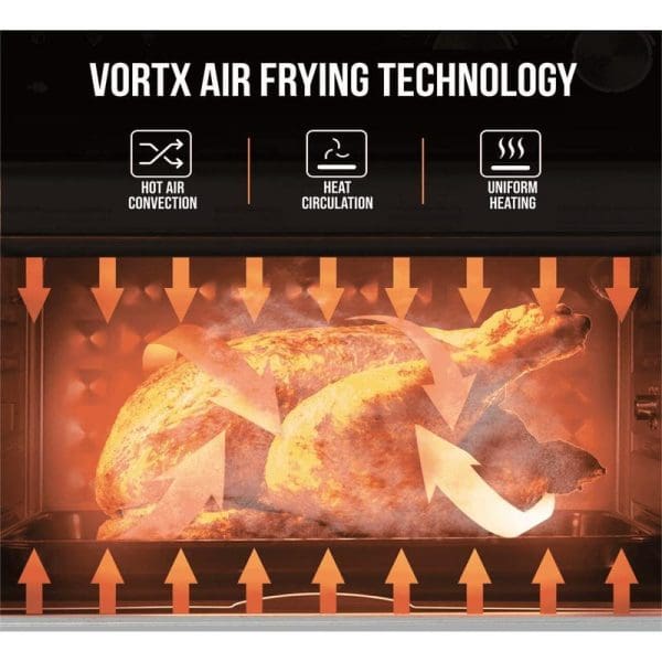 Russell Taylors Oven Air Fryer 23L 1800W AF-60 with VortX air frying technology diagram showing hot air convection, heat circulation, and uniform heating around roasted chicken.