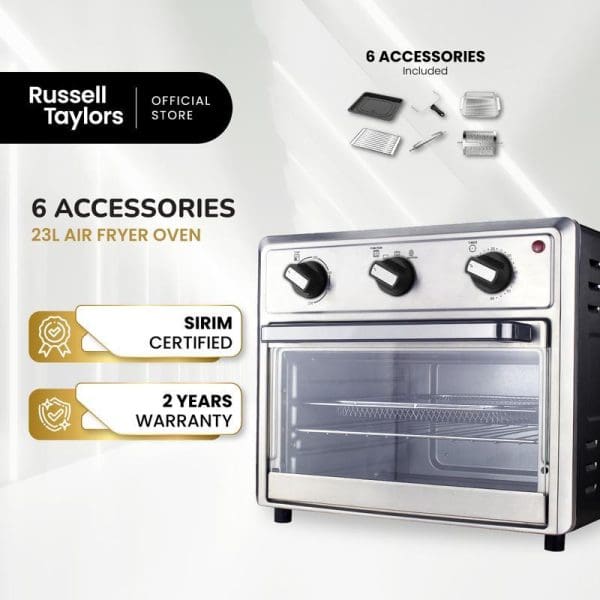 Russell Taylors 23L Air Fryer Oven with 6 accessories, SIRIM certified, 2 years warranty, stainless steel design with glass door and control knobs.
